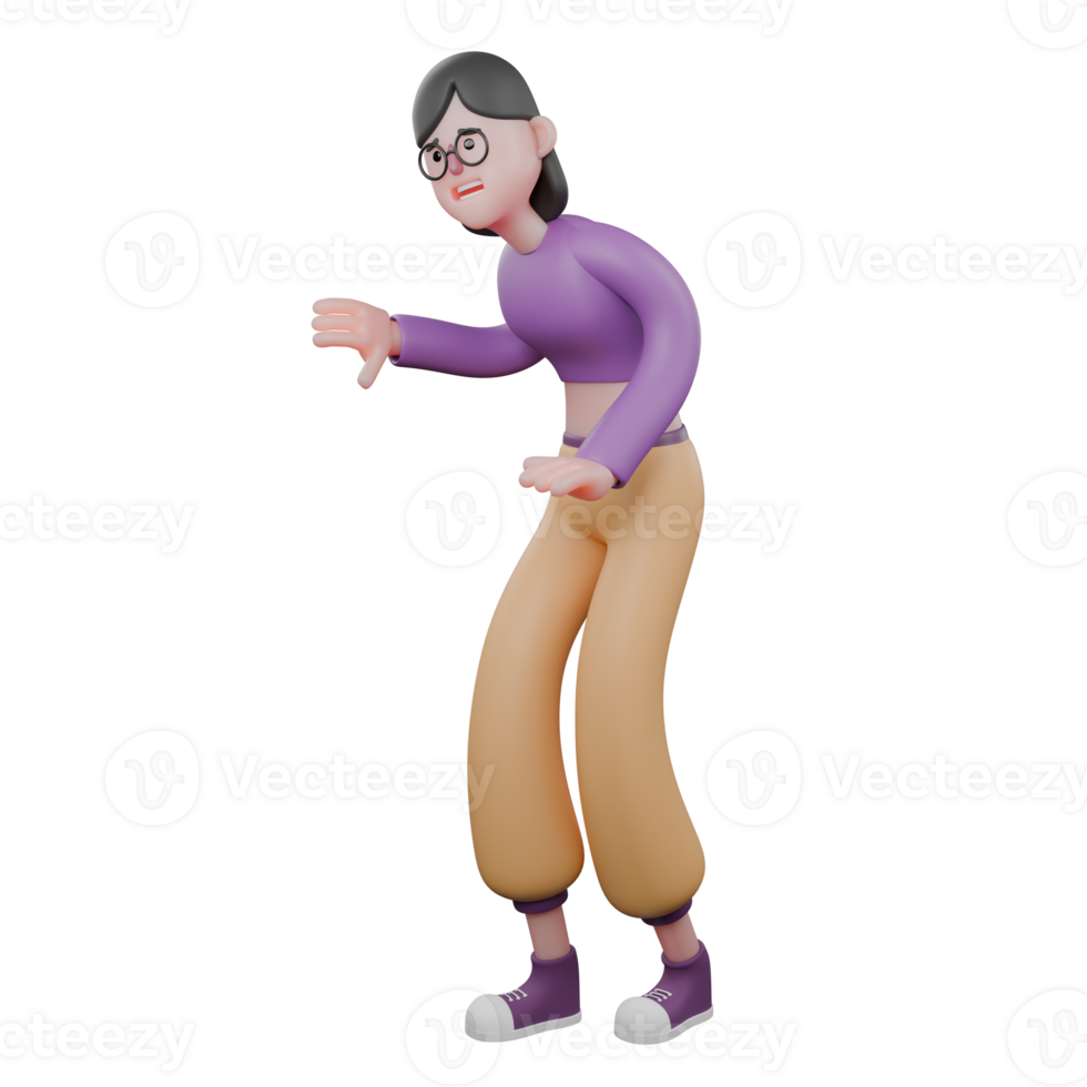 3D Cartoon Dance Artist. A female dancer bows while her right hand points her thumb down. Dance Star Model png