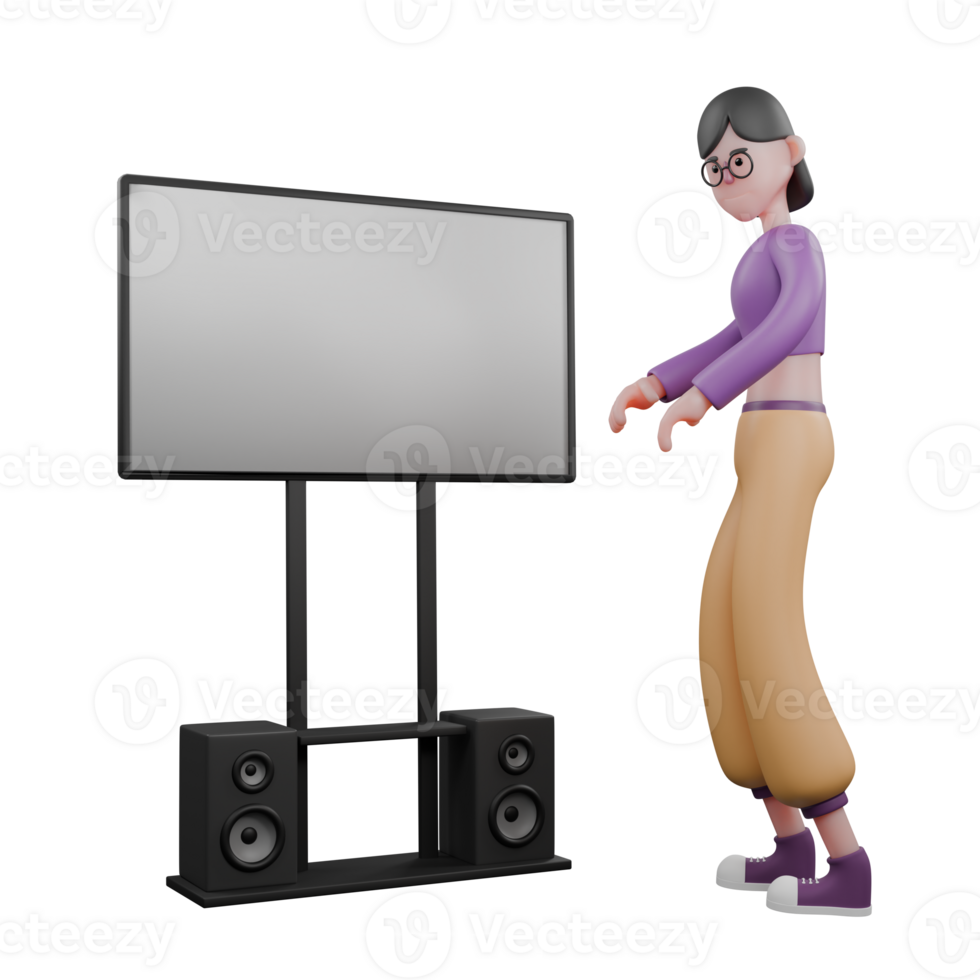 3D Cartoon Dance Artist Model. A female dancer stands facing right and both hands are slightly raised as if she wants to hold a white board in front of her. Performer Design png
