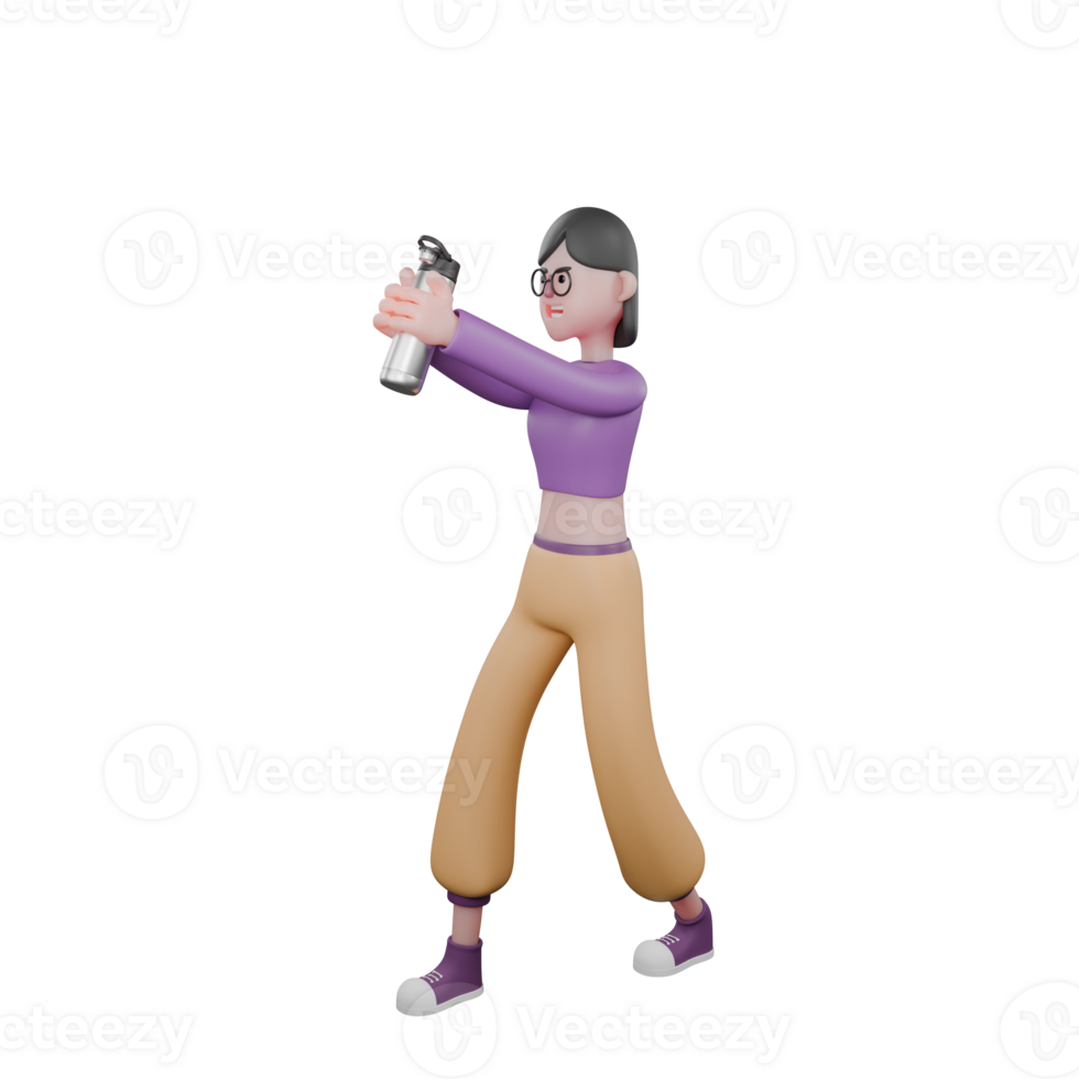 3D Dancer Character Design. A female dancer walks to the right with both hands raised straight forward while holding a tumbler. Dance Talent png