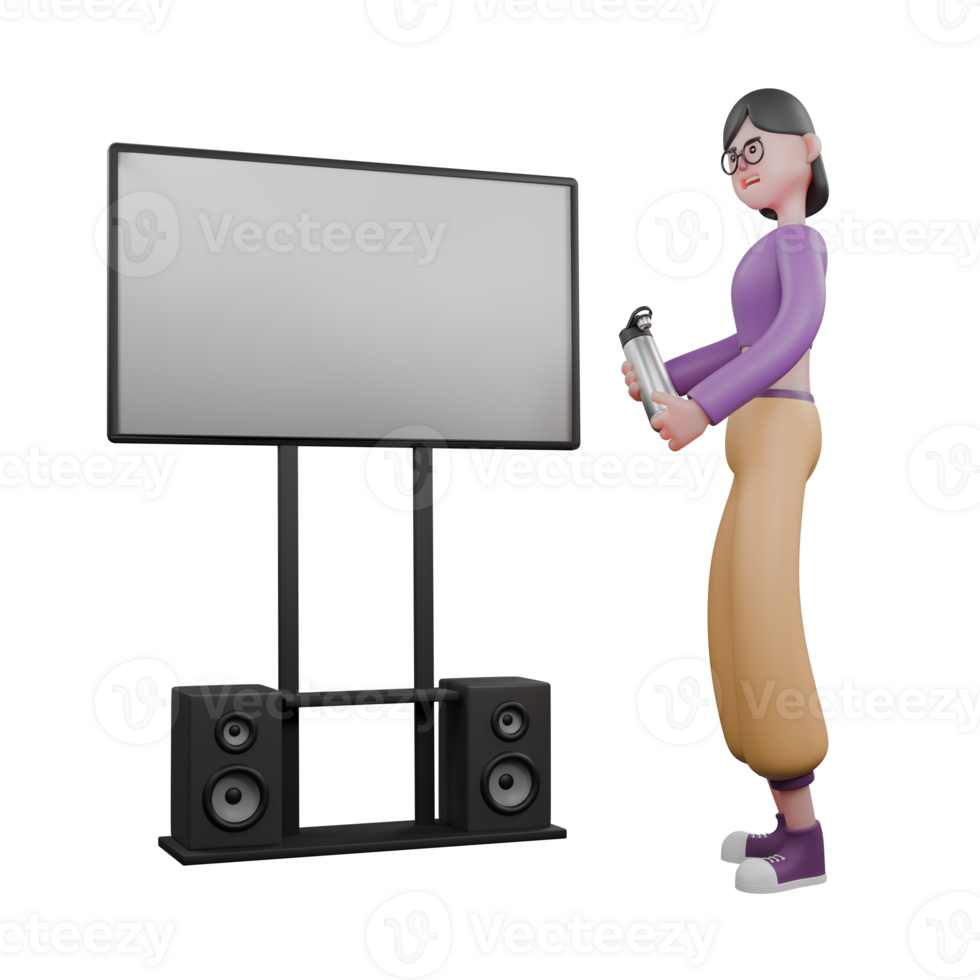 3D Model of Cartoon Dance Performer. A female dancer stands facing right while both hands are holding a tumbler and in front of her is a white board. Performer png