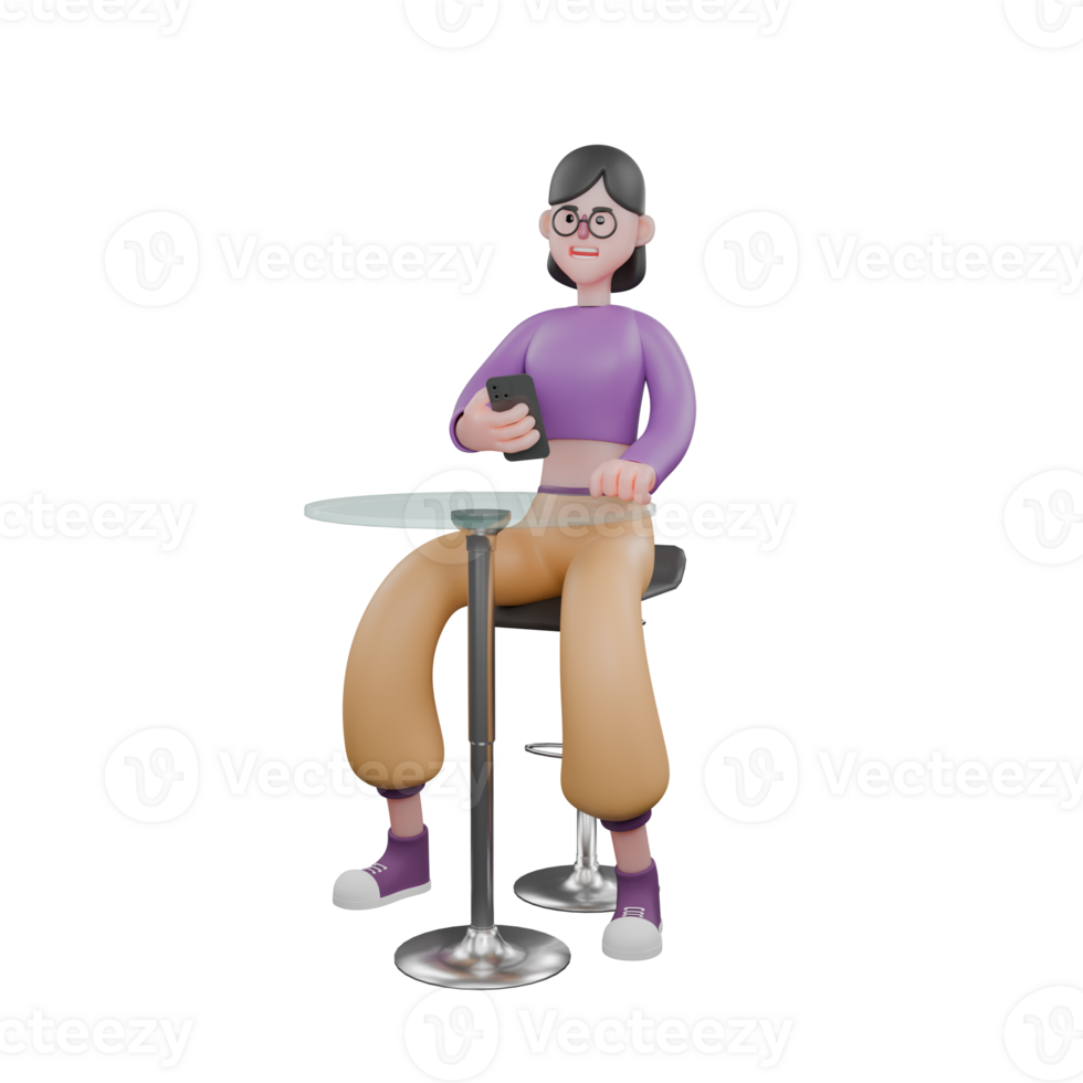 3D Dance Performer Model. A female dancer sits on a bar stool while her right hand holds a mobile phone and in front of her is a round table. Vocal Artist png