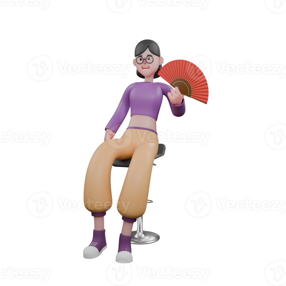 Dance Performer Cartoon Star. A female dancer sits on a chair holding a fan with a happy and satisfied expression. Creative Performer png