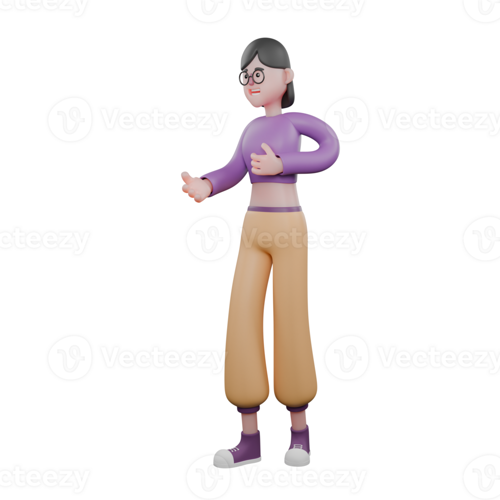 3D Animated Dance Star. A female dancer stands with her right hand in front of her chest, her left hand extended forward with a peaceful expression. Performer Model png