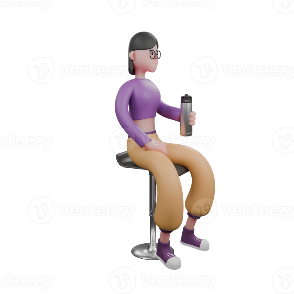 3D Cartoon Dance Star Performer. A female dancer sits on a chair holding a tumbler in her hand with a serious expression. Animated Talent png