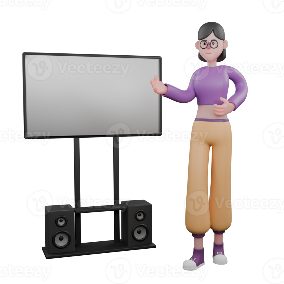 Dance Artist 3D Cartoon Model. A female dancer stands in front of a projector with her right hand in front of her chest and her left hand pointing at the projector with a focused expression. png