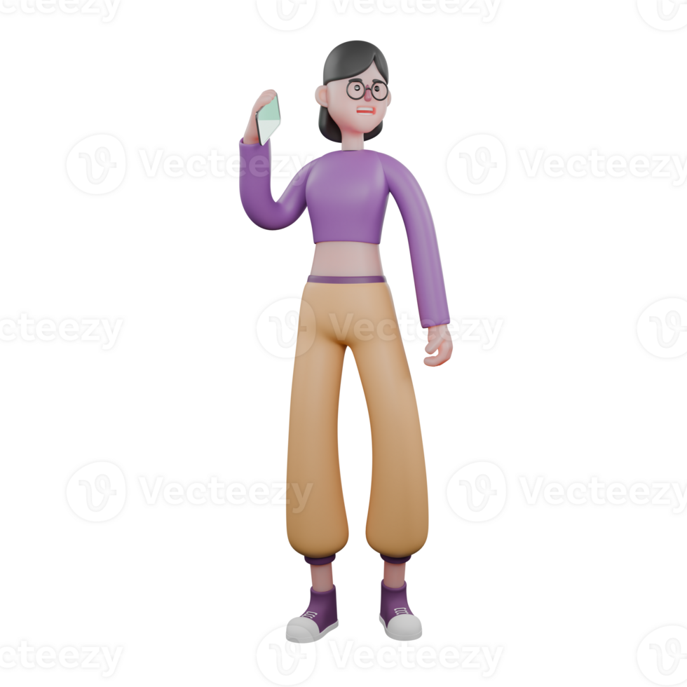 3D Animated Dance Performer. A female dancer stands and turns her head to the left while her right hand raises her cellphone. Performance Design png