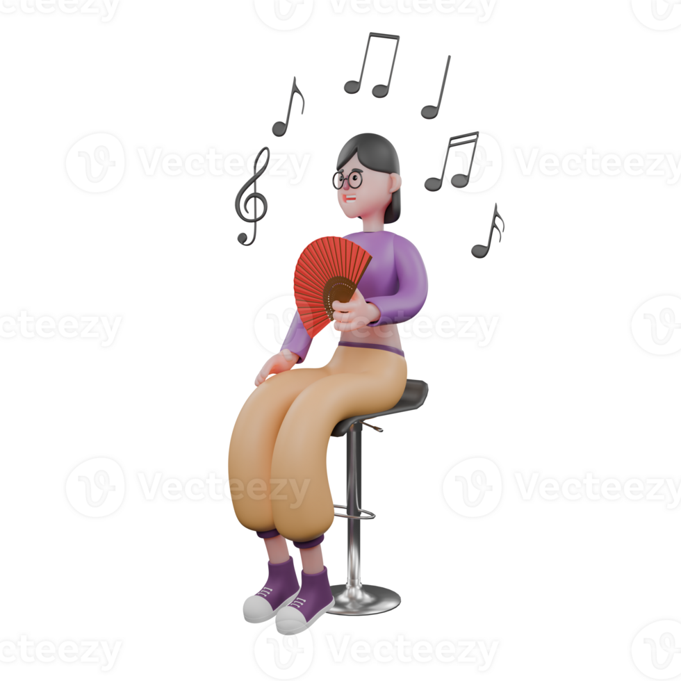 3D Character of Dance Star. A female dancer sits holding a fan in her hand with a happy expression. Performer Model png