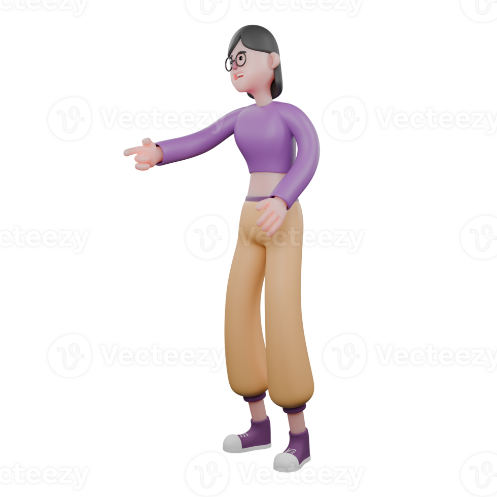 3D Cartoon Dance Performer. A female dancer stands facing right with her right hand pointing forward. Performer Model png