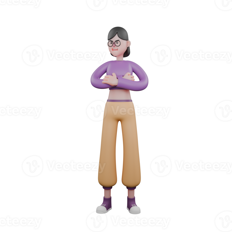 Dance Performer 3D Artist. A female dancer stands with her hands folded in front of her chest with an angry expression. Animated Character png