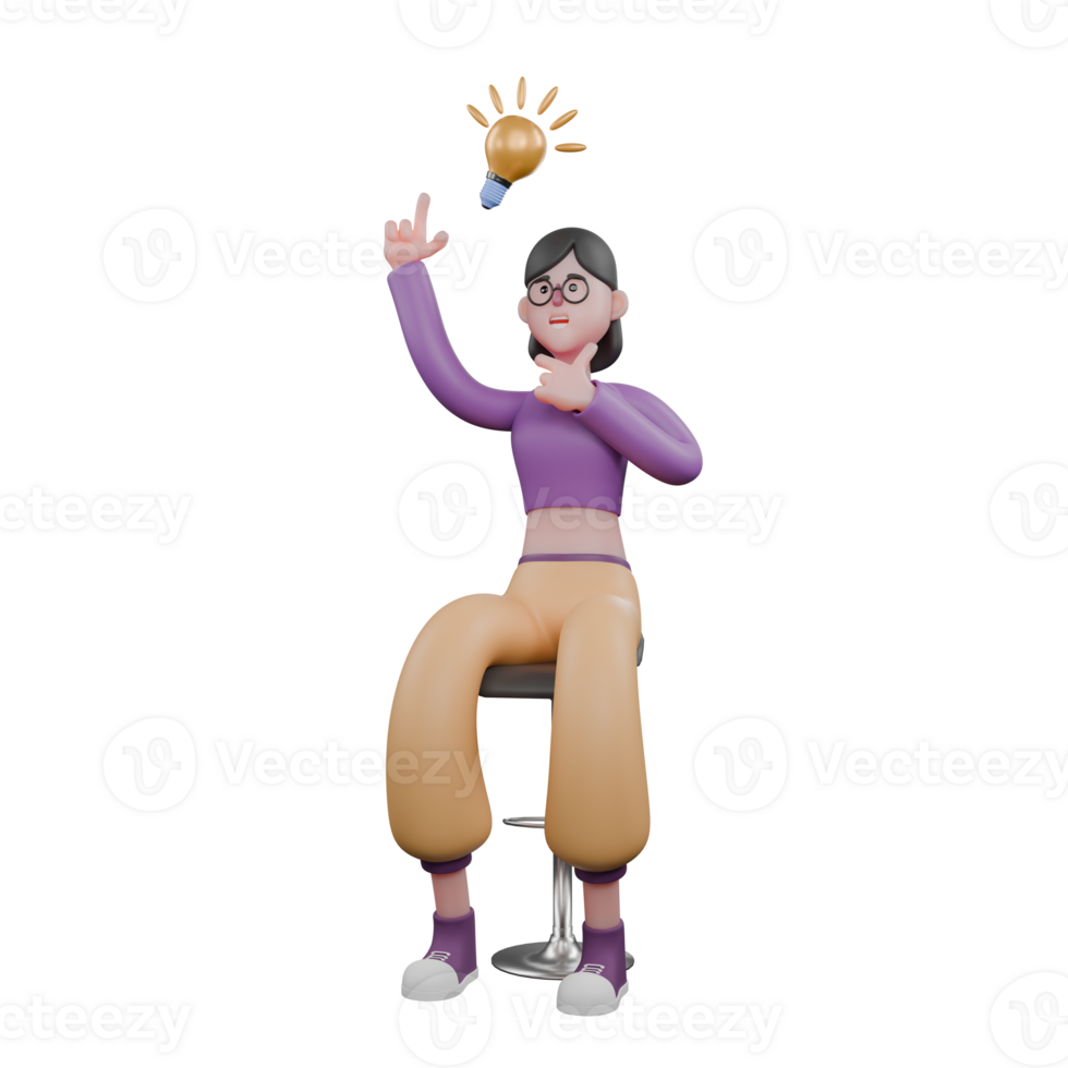 Dance Performer 3D Character. A female dancer sits on a chair, right hand on her chin and left hand pointing upwards with an aha expression. Creative Model png