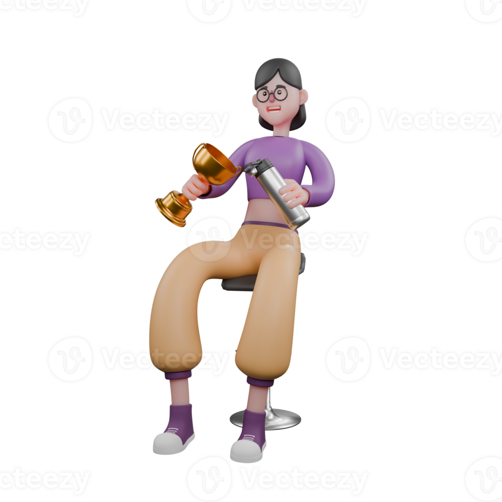 Dance Star 3D Performer. A female dancer sits on a chair holding a trofhy and a tumbler in her hands with a happy expression. Creative Artist png