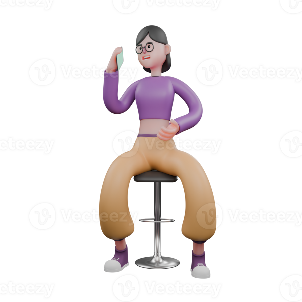 Cartoon Dancer in 3D Design. A female dancer sits on a bar stool while turning her head to the right and her right hand raises her cellphone then her left hand bends in front of her stomach. png