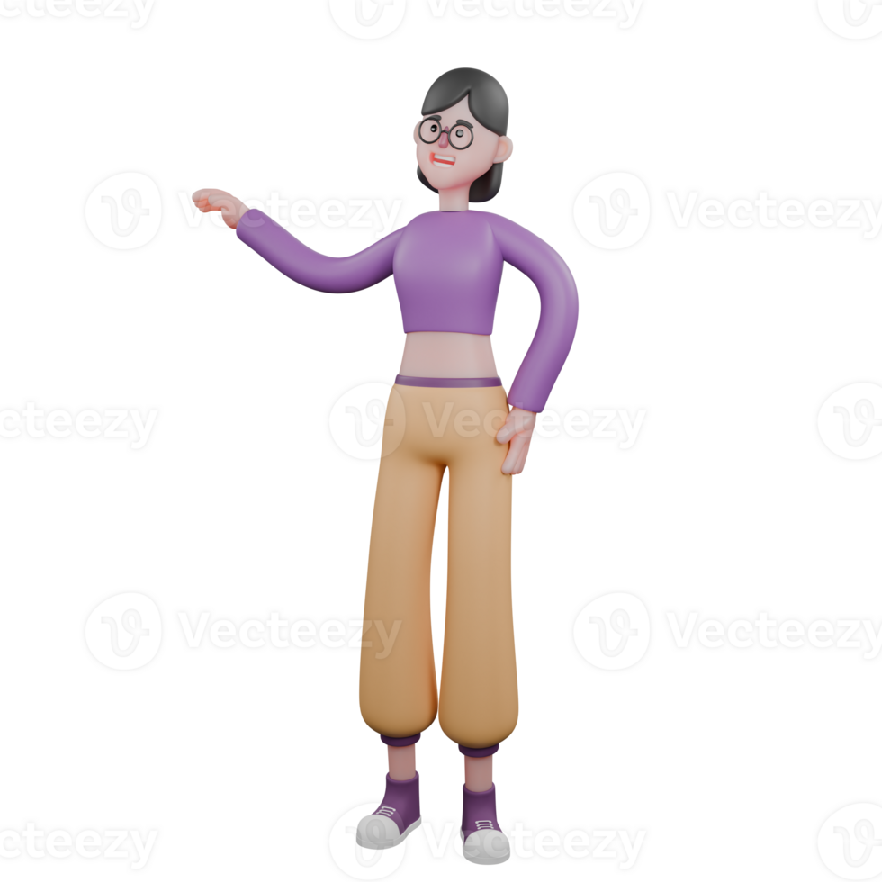 Cartoon Dance Performer in 3D Style. A female dancer stands with her right hand on her waist and her left hand extended to the side with a happy expression. Creative Talent png
