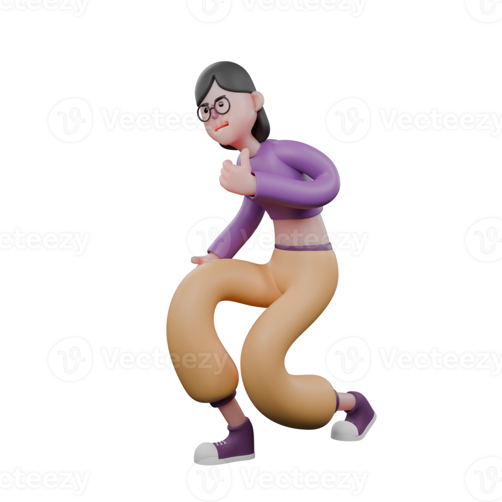 Cartoon Dancer in 3D Model. A female dancer squats facing right while her left hand points her thumb. Performance Talent png