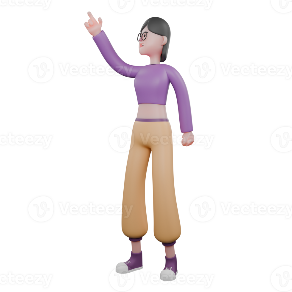 3D Animated Dance Character. A female dancer stands facing right with her right hand pointing up. Creative Performer png
