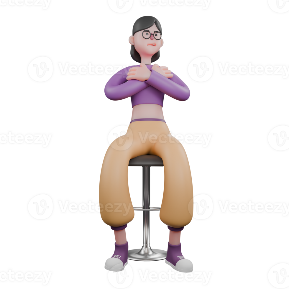 Cartoon Dance Performer Character. A female dancer sits on a bar stool while folding both hands touching her shoulders. Dance Star Model png