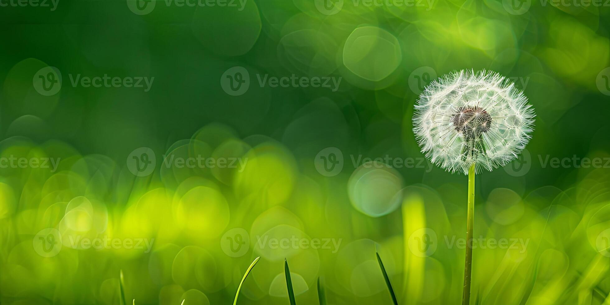 A single dandelion seed head with a blurred green background of grass and bokeh. photo