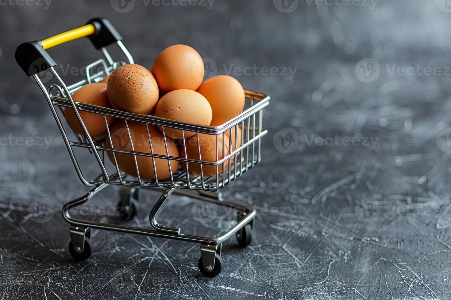 A miniature shopping cart overflowing with brown eggs, a simple yet powerful image representing grocery shopping, abundance, and the essentials of life. photo