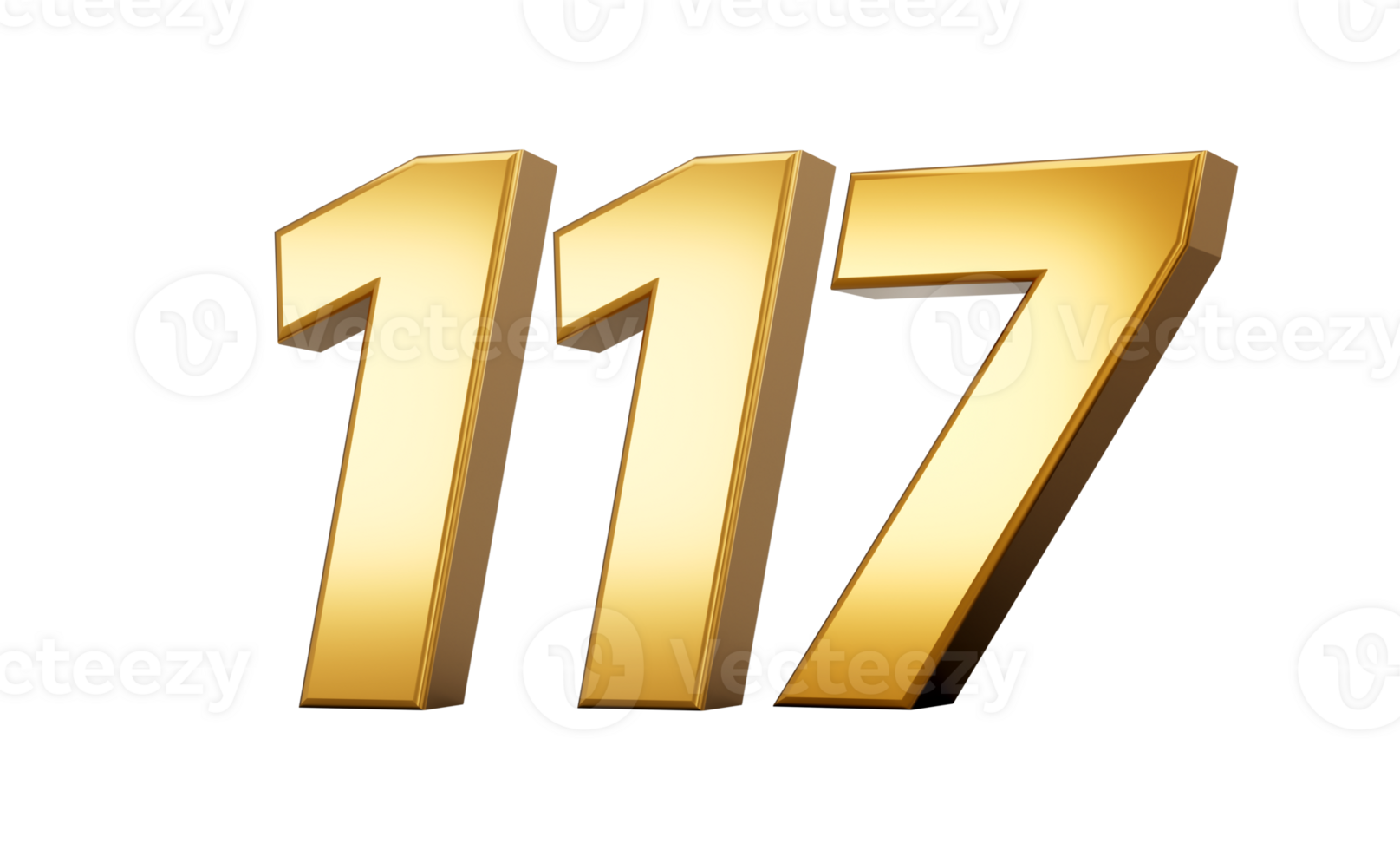 3d number 117 one hundred seventeen Gold text 3d illustration png
