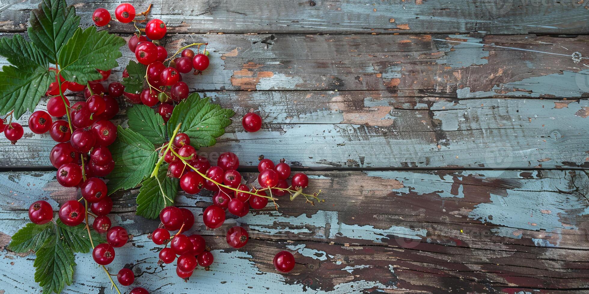 Fresh red currants with green leaves on a rustic wooden background. photo