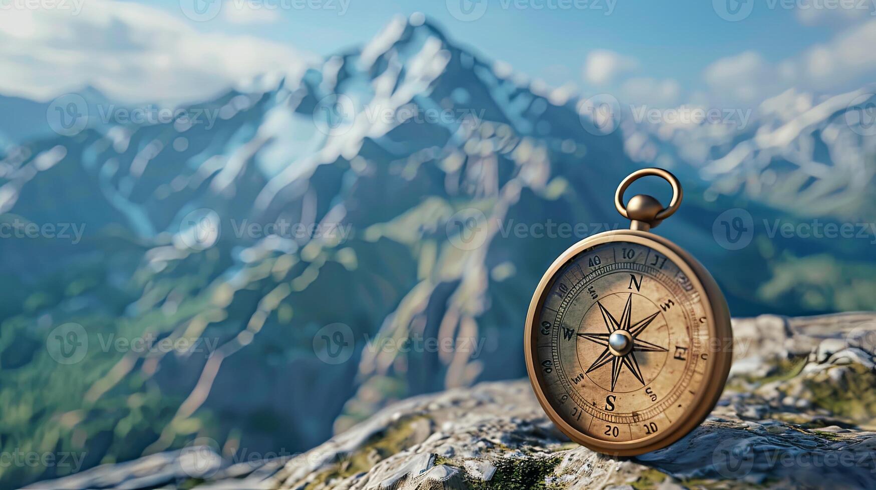 A compass sits atop a rocky mountain ridge with a snow-capped mountain range in the background. photo