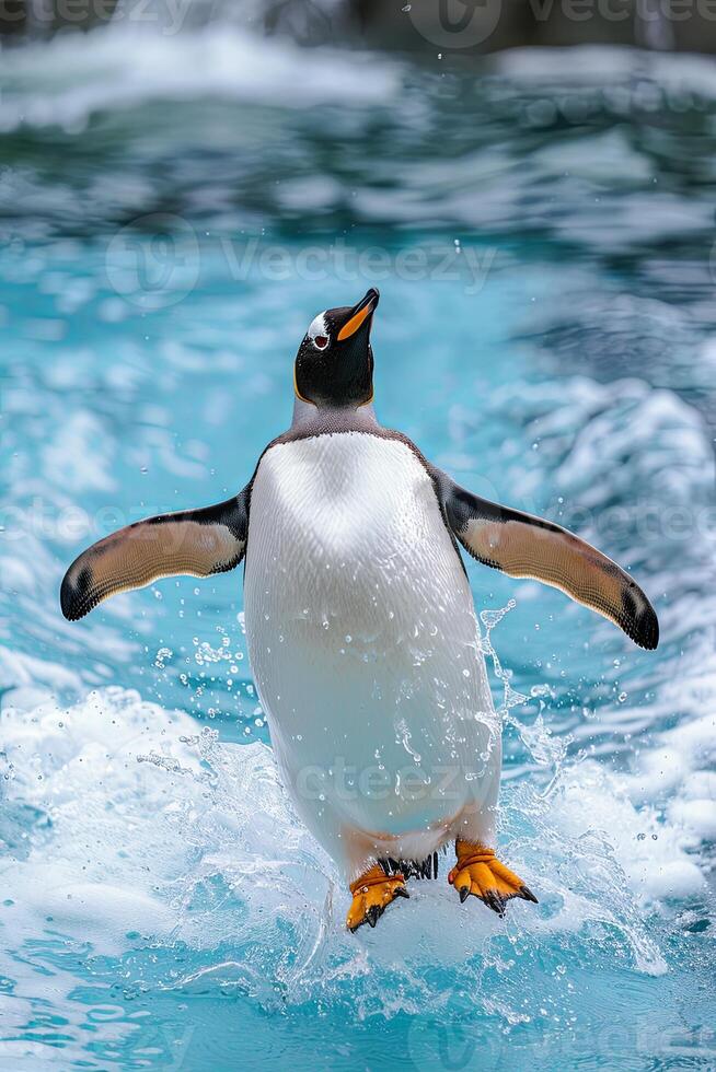 A penguin jumps out of the water, its wings spread wide, with a splash of water around it. photo