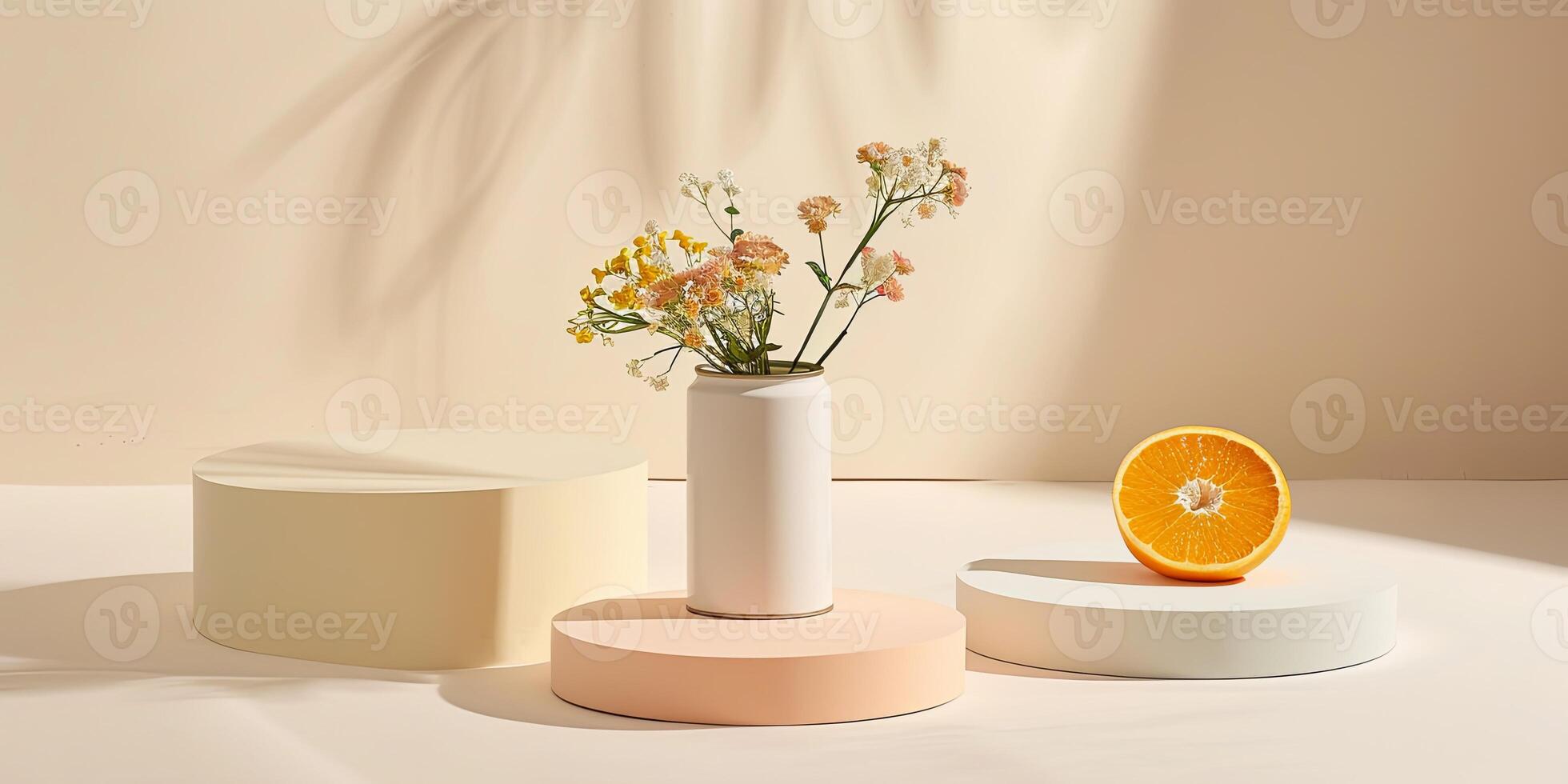 Minimalist composition with a can vase with delicate flowers, an orange slice, and three cylinder podiums on a beige background. photo