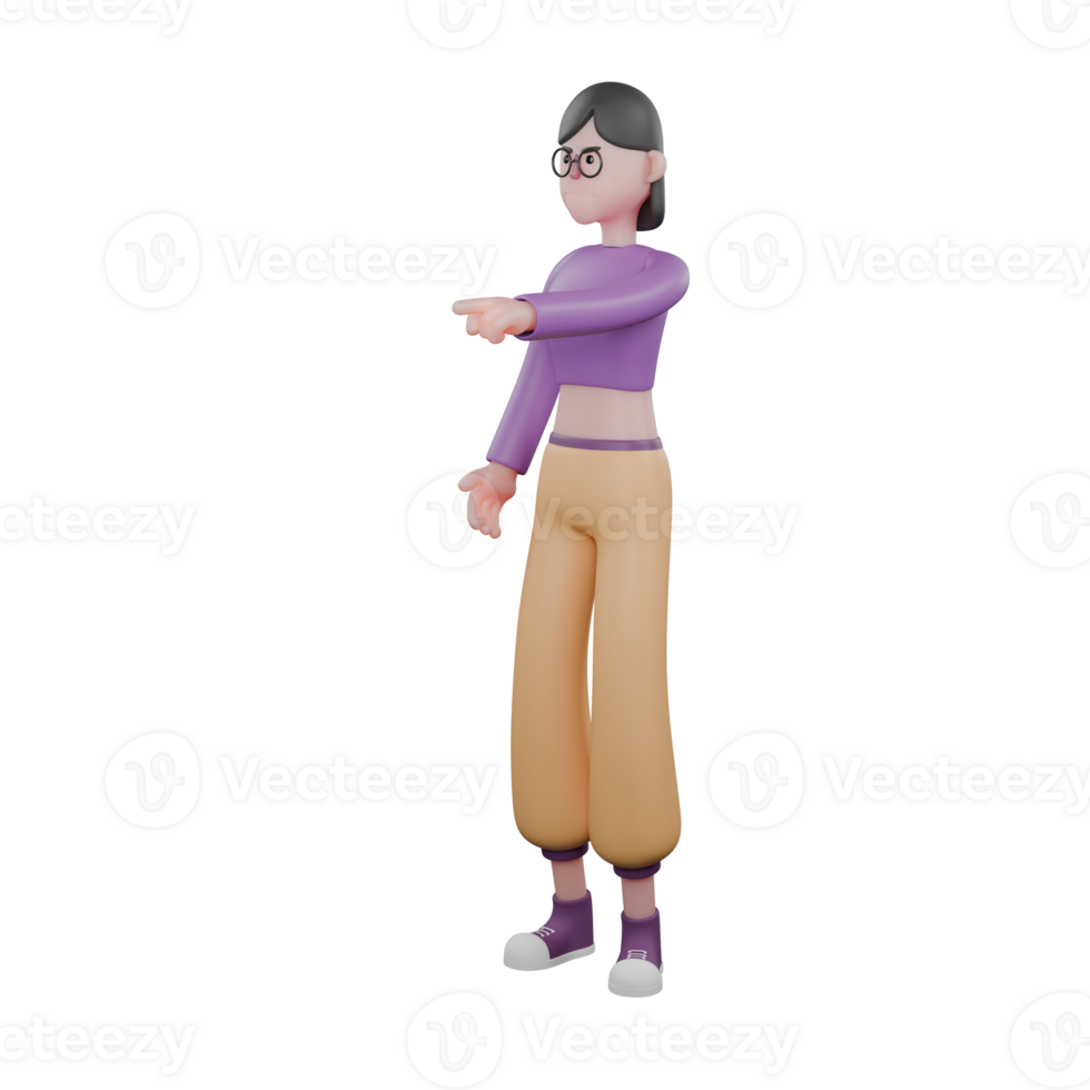 Dancer 3D Character Design. A female dancer stands facing right while her right hand points to the right. Performer png