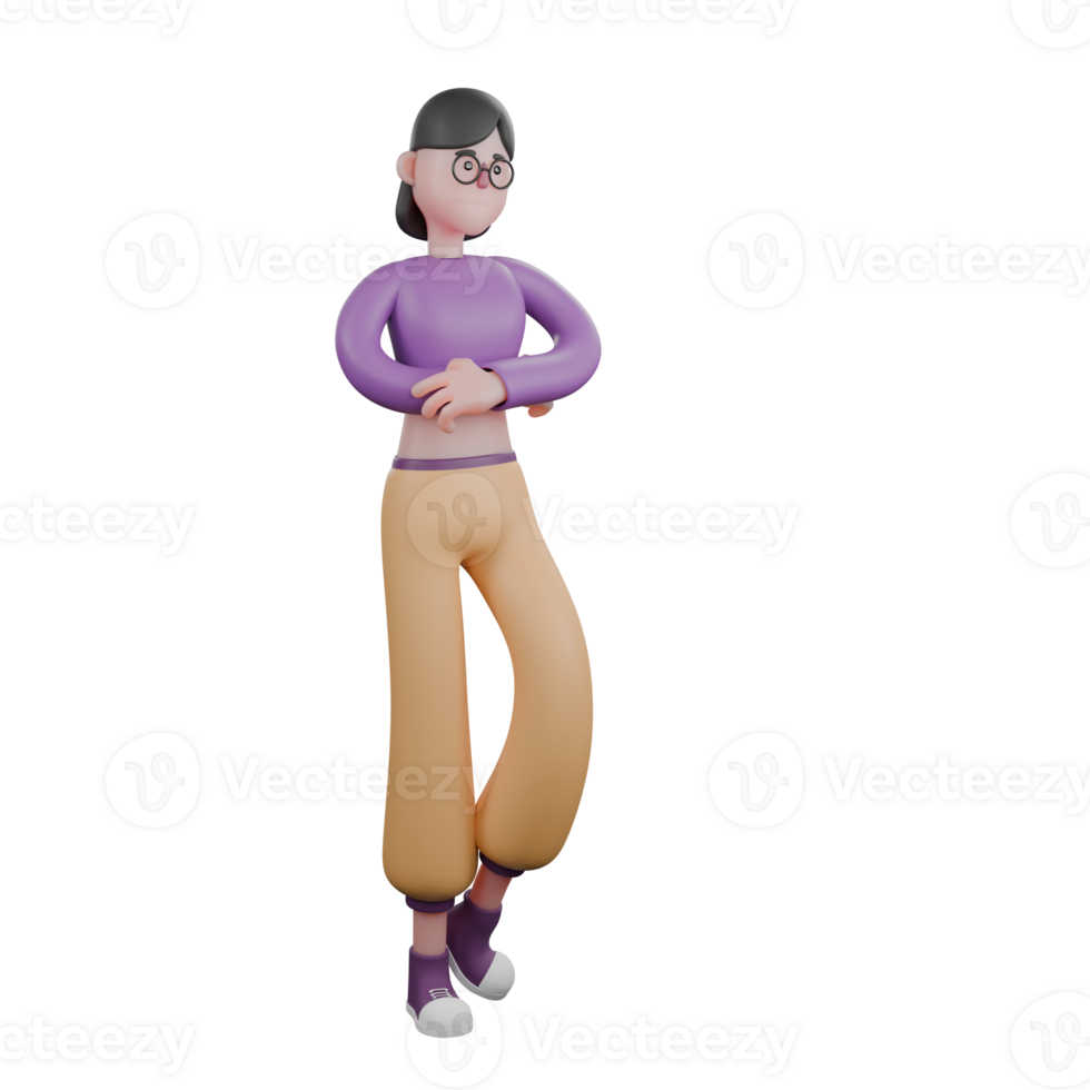 Cartoon Dancer in 3D Design. A female dancer stands with her left leg slightly bent while folding her arms across her chest. Dance Star png