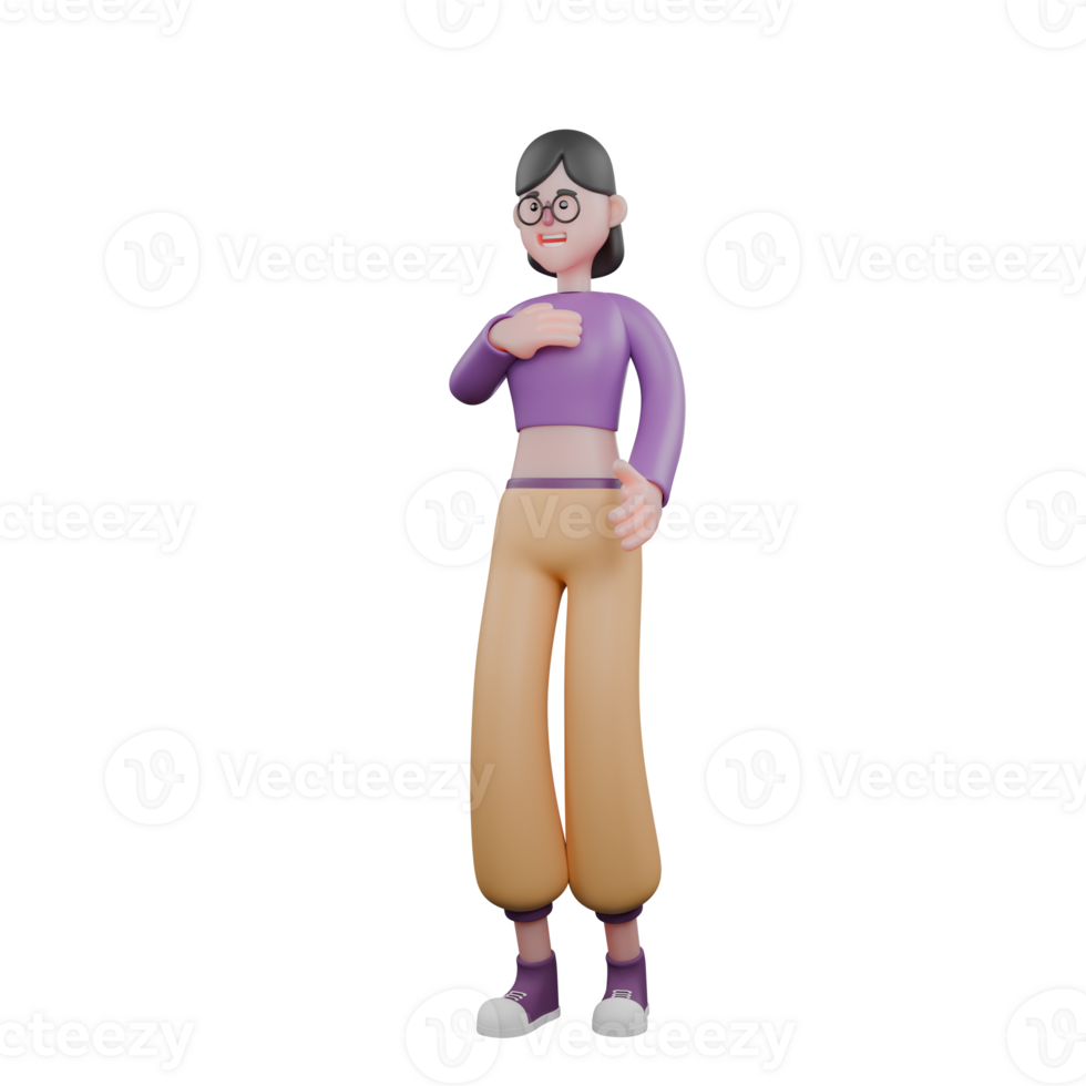 Dance Performer Cartoon Character. A female dancer stands with her left hand on her chest, with a happy expression. 3D Model png