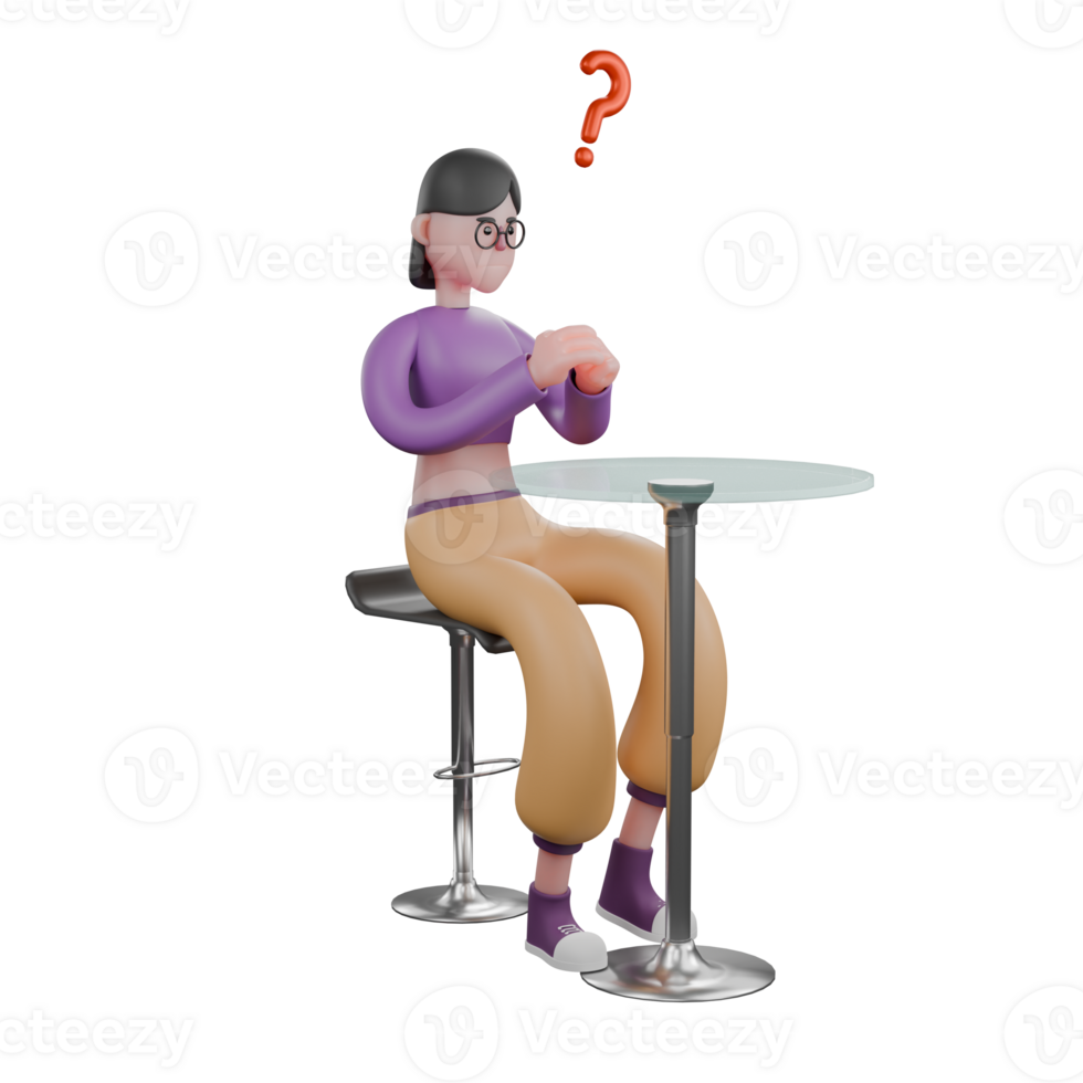 Cartoon Dance Star in 3D. A female dancer sits on a bar stool facing left while holding her hands while wondering and in front of her is a round table. Performer Character png