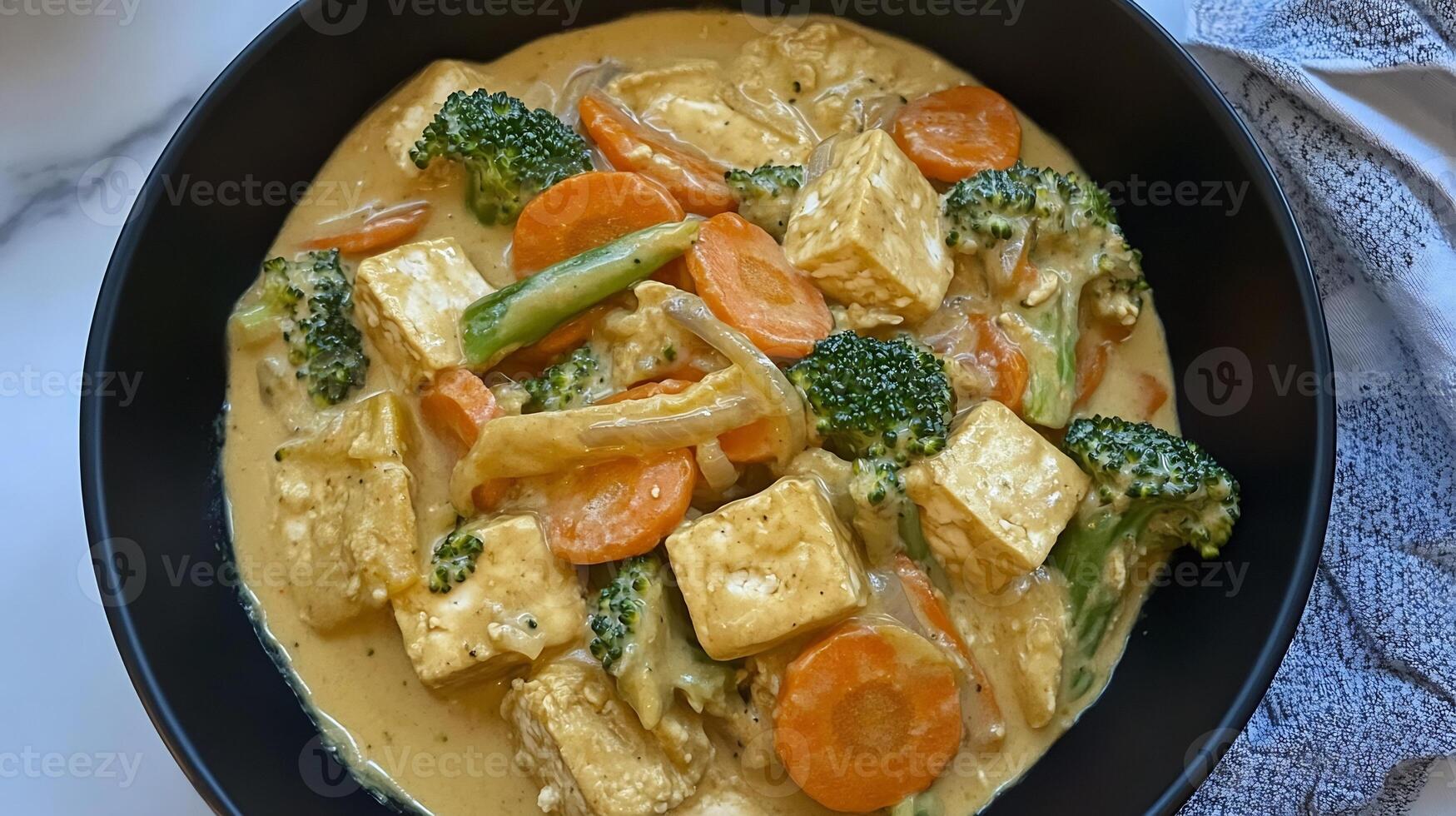 A bowl of curry with tofu and vegetables photo