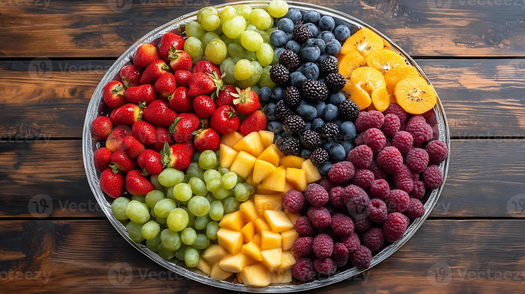 A plate of assorted fruit on a wooden table photo