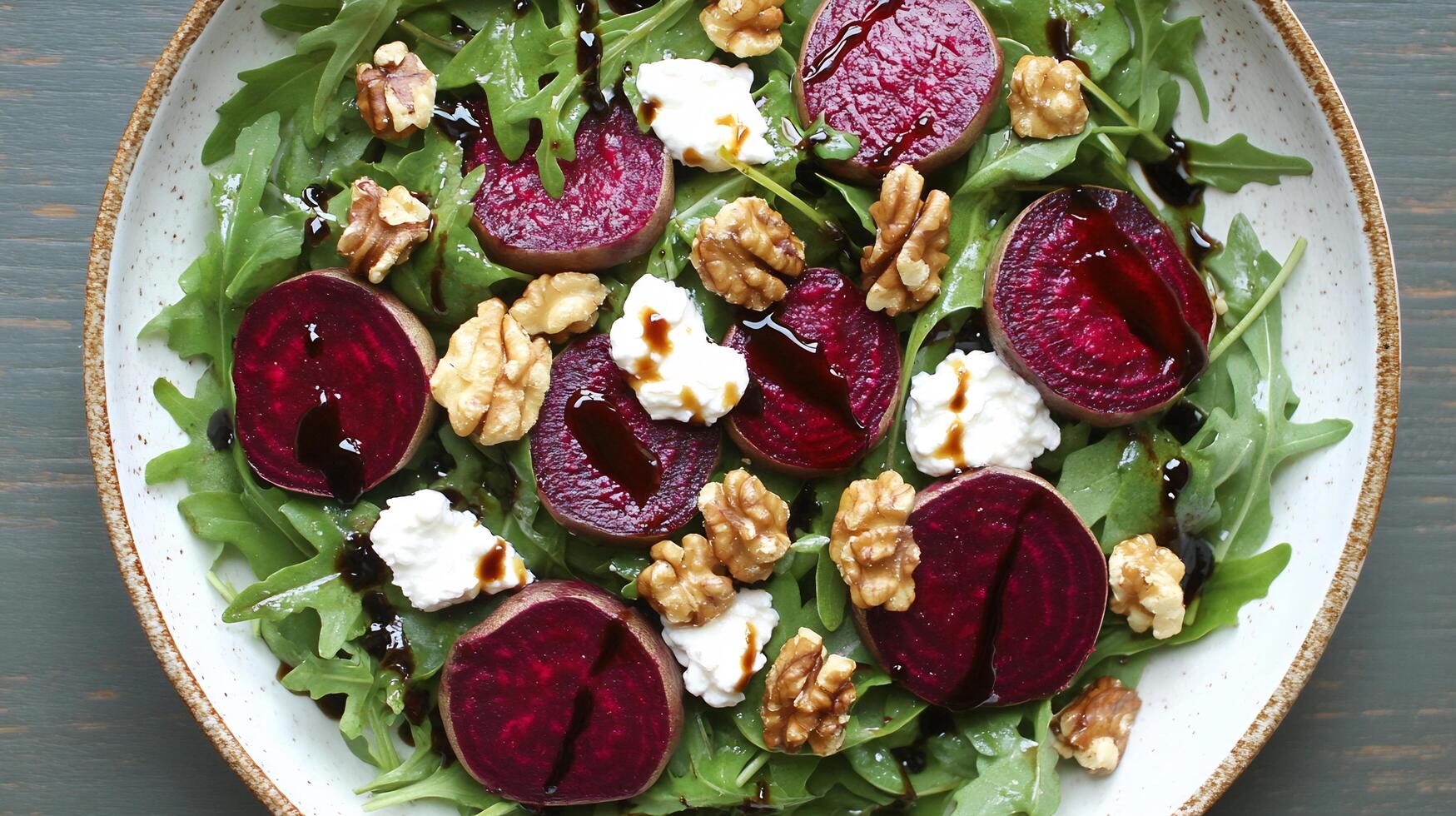 A plate of salad with beets, goat cheese and walnuts photo