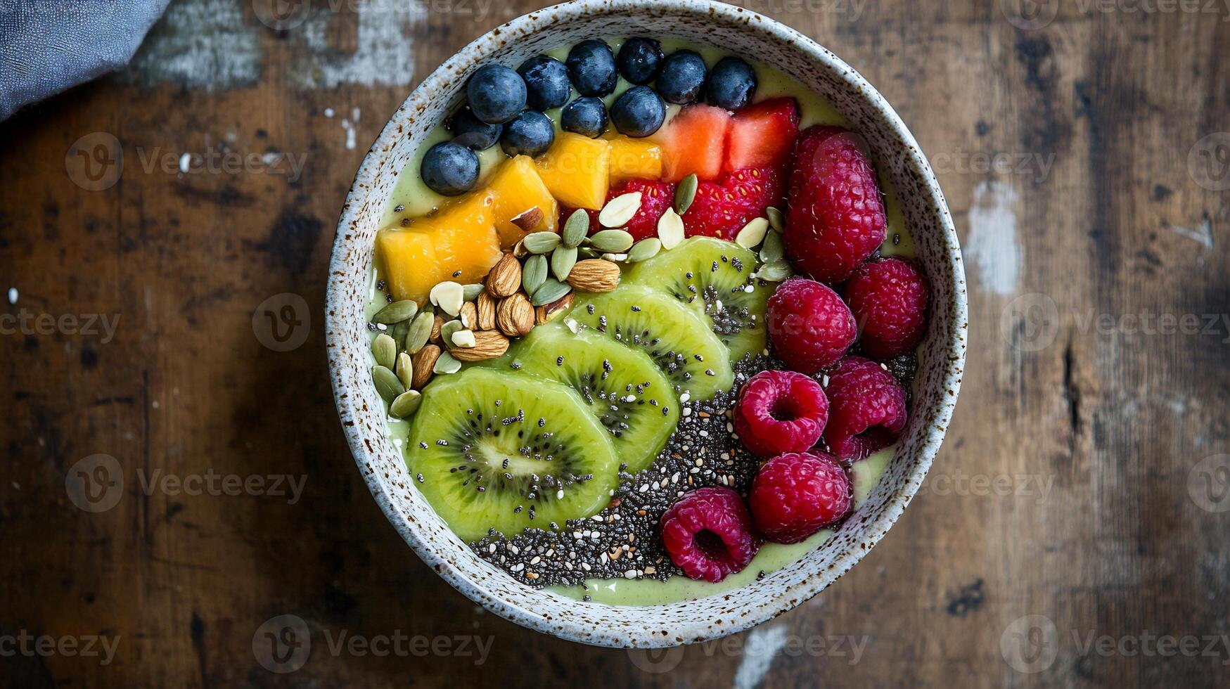 A bowl of fruit and nuts on a wooden table photo