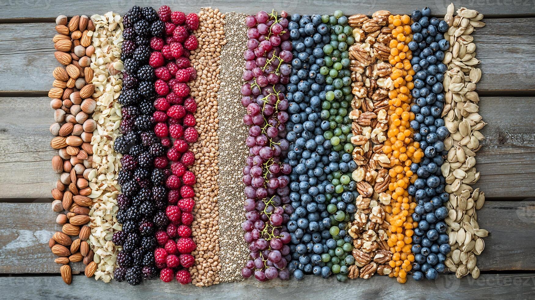 A variety of nuts and berries arranged in a square photo
