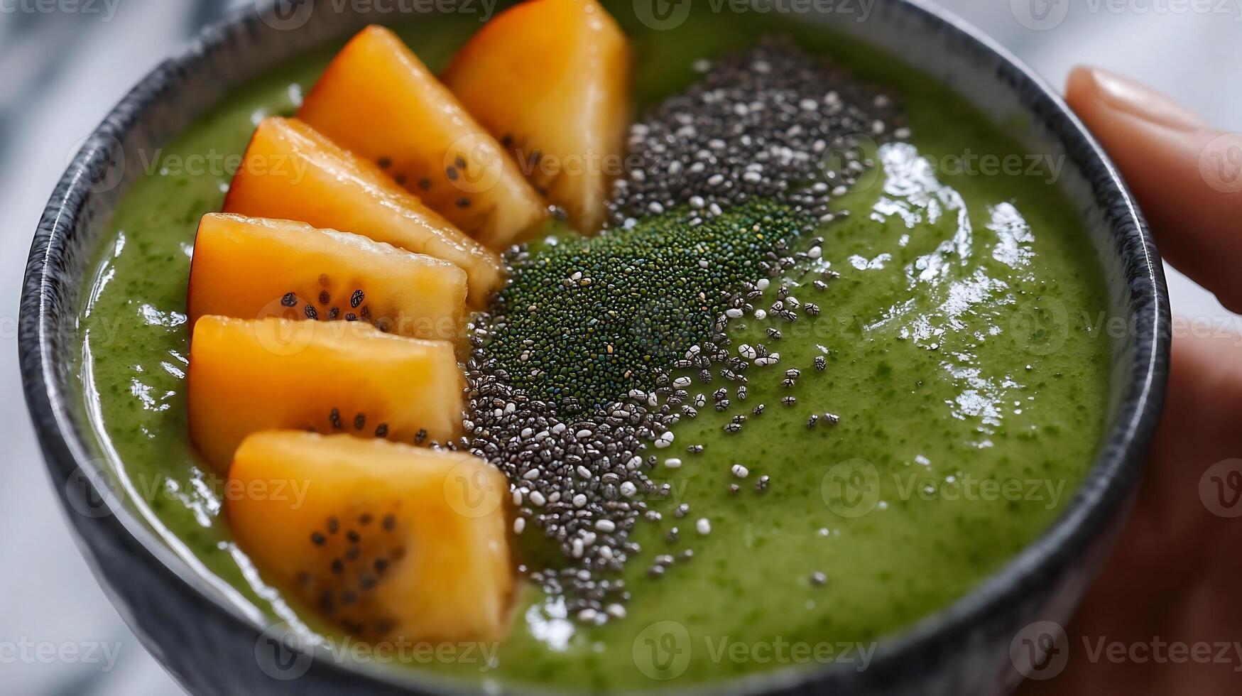 A person holding a bowl of green smoothie with sliced kiwi photo