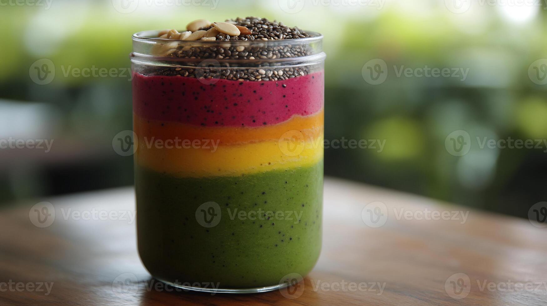 A colorful smoothie with nuts and seeds in it photo
