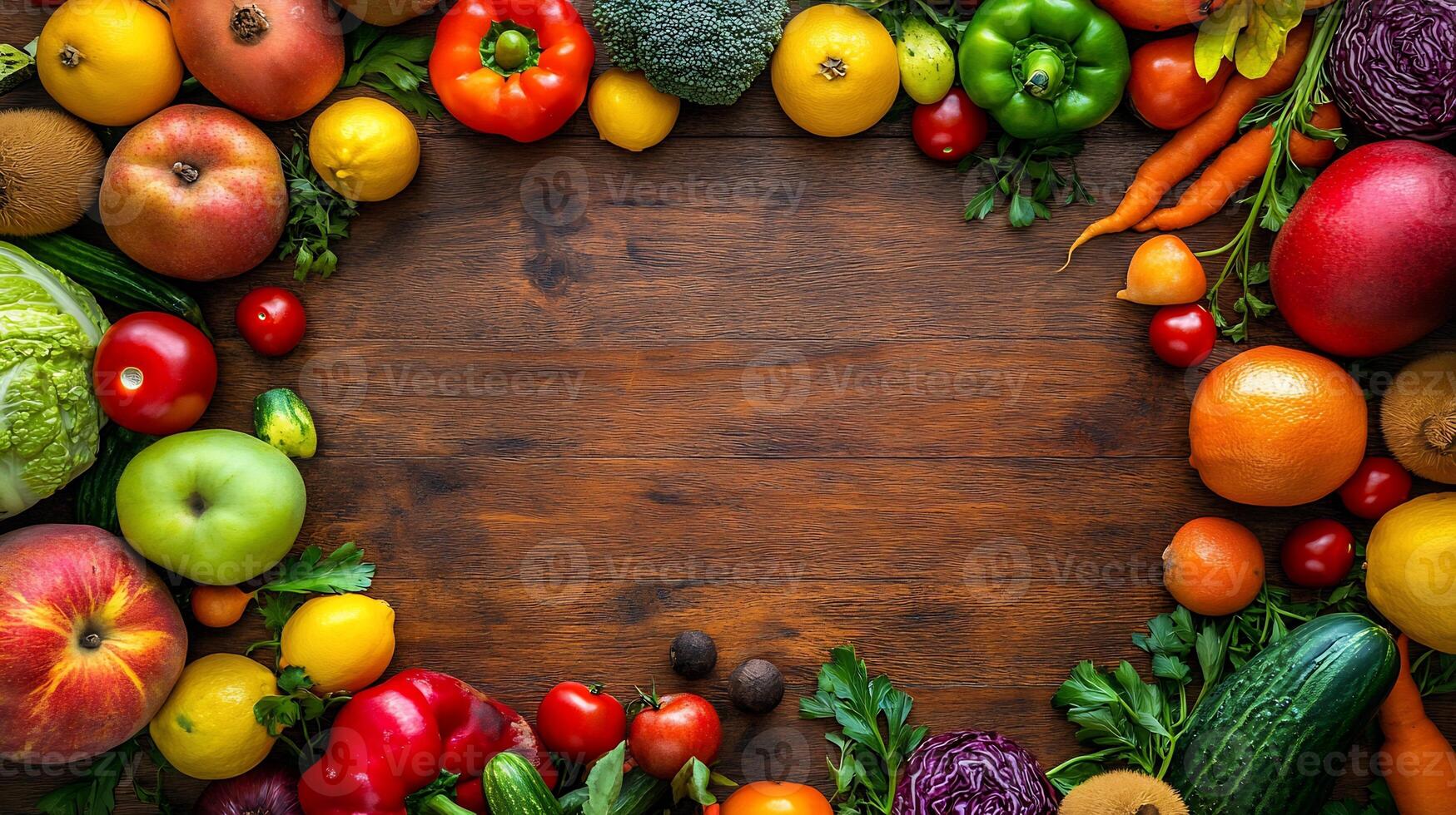 A wooden table with a variety of fruits and vegetables photo