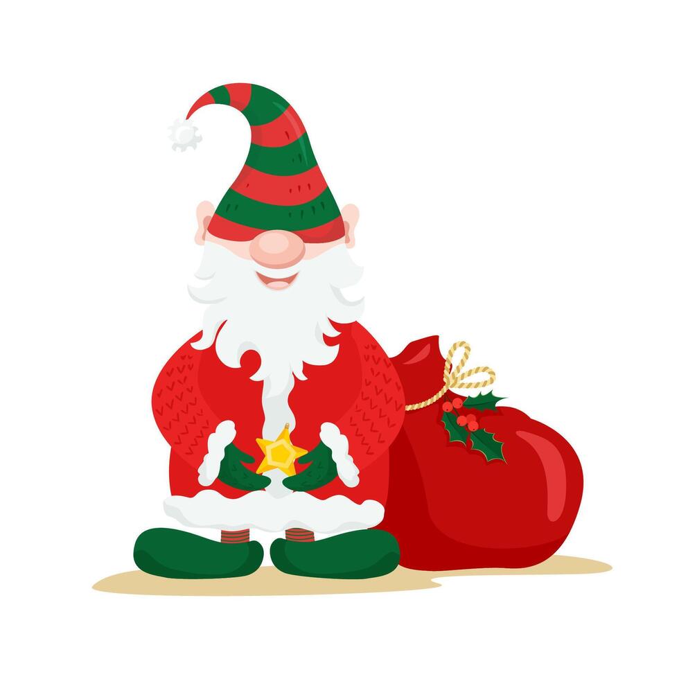 Cute christmas character. Christmas elf, gnome dressed with a sack of New Year's gifts. illustration in a flat style. vector