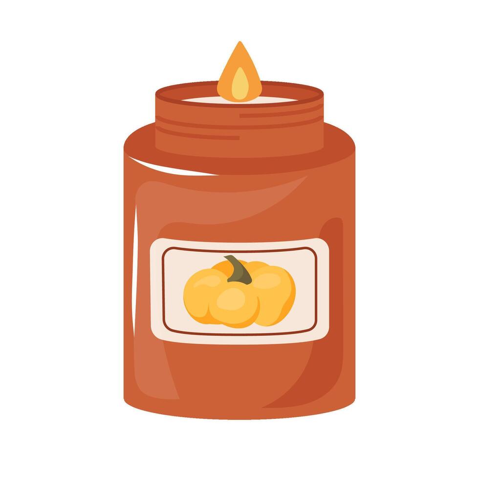 Candle in jar with scent of autumn and pumpkin pie. Scented candlelight with flame exudes cozy relax atmosphere Aromatherapy, relaxation, home decoration. Flat illustration isolated on white vector