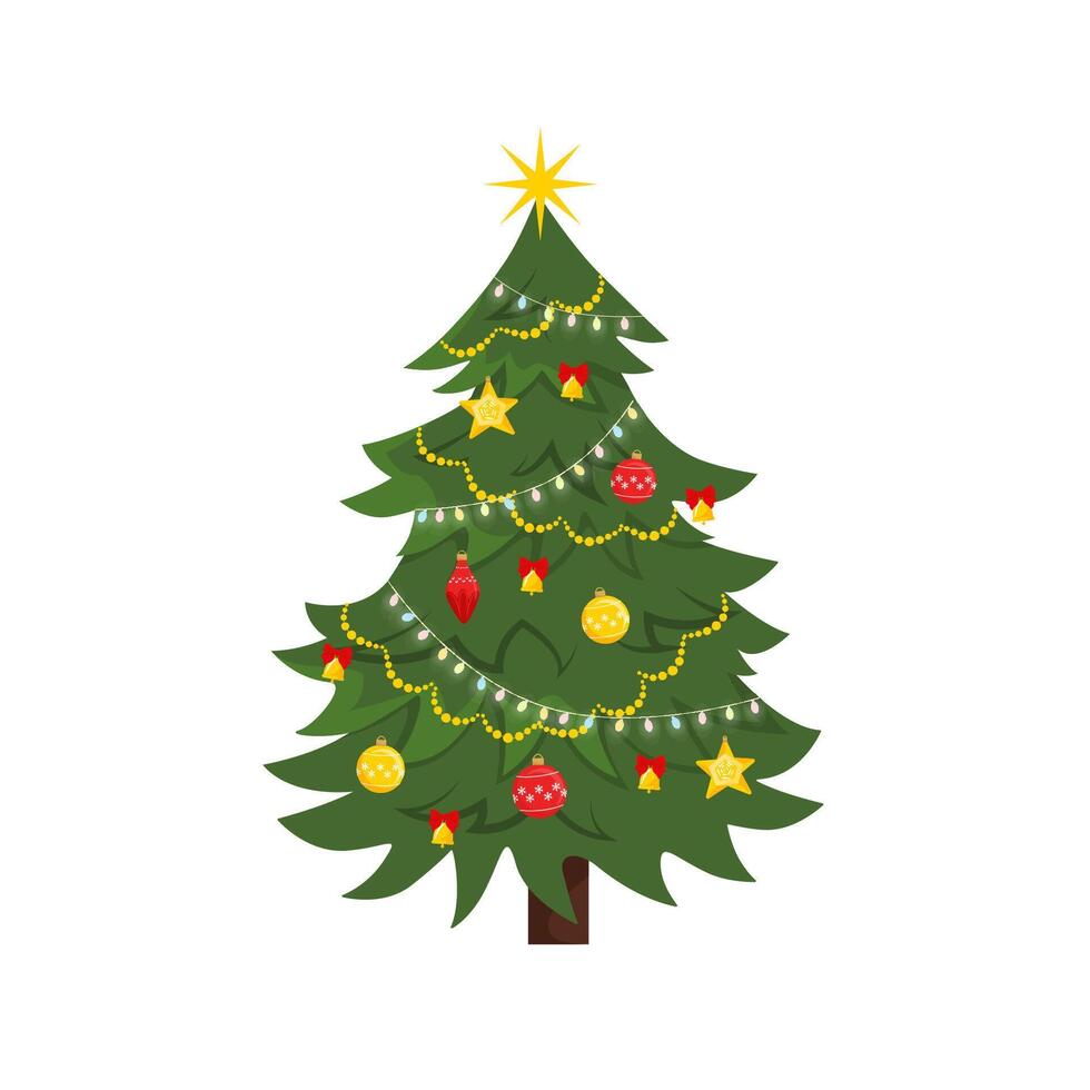 Decorated Christmas tree with lights, ornaments balls and garlands. Merry Christmas and Happy New Year. Flat style illustration. vector