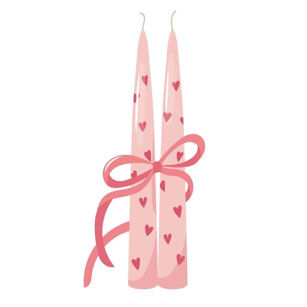 Two candles decorated with hearts and tied with ribbon. Scented candlelight with flame exudes cozy relax atmosphere Aromatherapy, relaxation, home decoration Flat illustration isolated on white vector