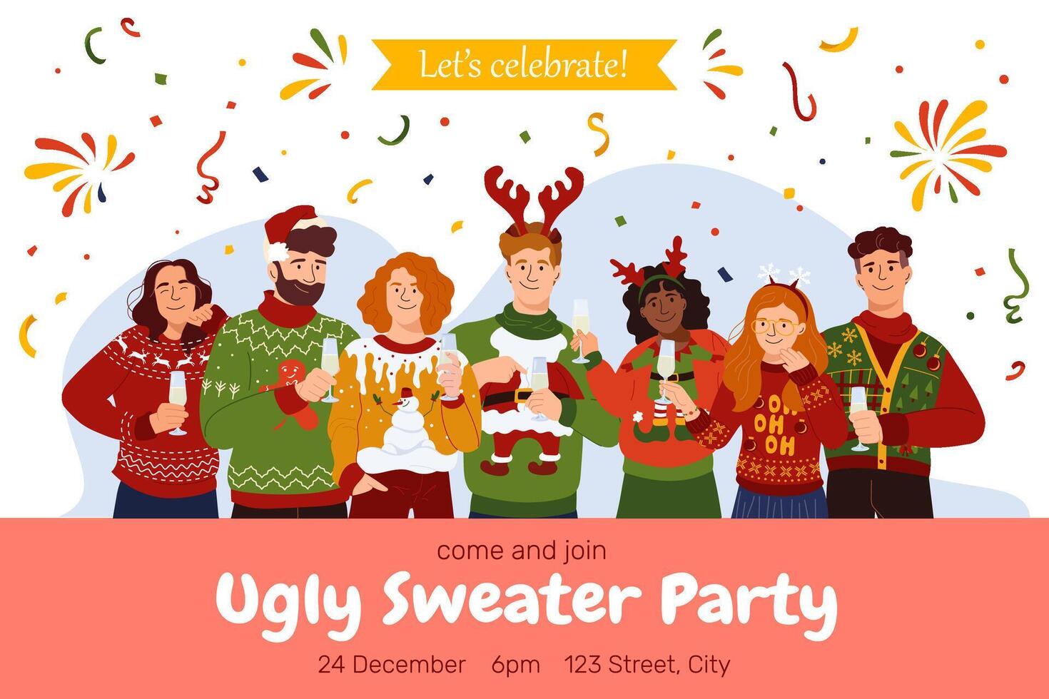 Winter party invitation card with happy people in different festive ugly sweater holidays templates with joyful fun character. Cute design with garish Christmas sweater for print, flyer, banner vector