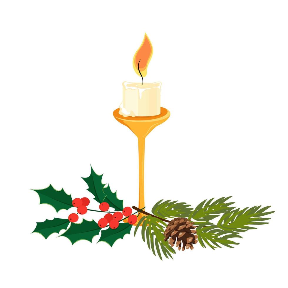 Christmas decoration mistletoe, berries, fir tree with pine cone and burning candle. Christmas and New Year illustration. Suitable for posters, banners, cards, invitations, etc. vector