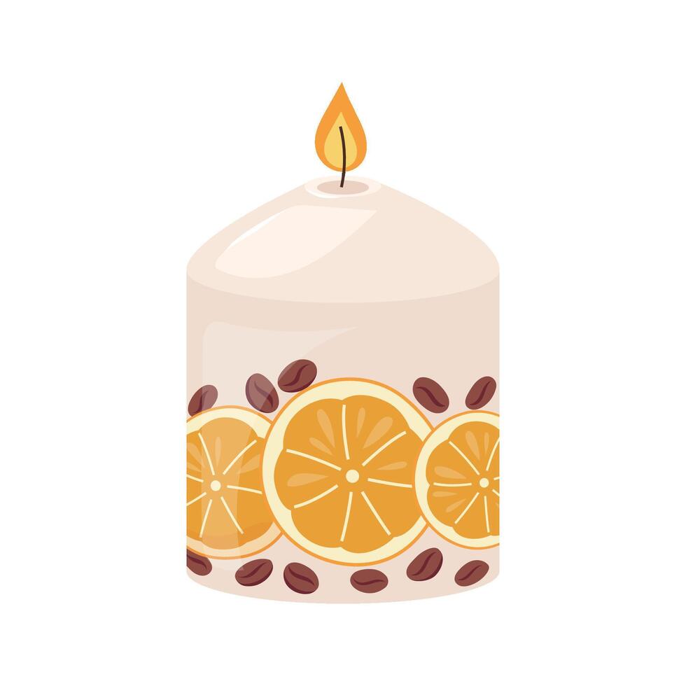 Candle decorated with dried oranges and coffee. Scented candlelight with flame exudes cozy relax atmosphere Aromatherapy, relaxation, home decoration. illustration isolated on white background vector