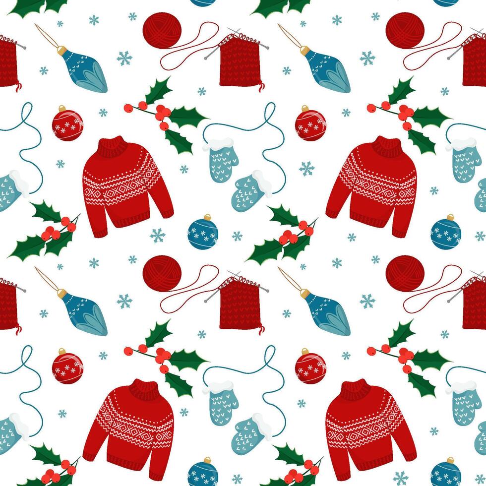 Hand drawn christmas seamless pattern with cozy and warm knitting elements, sweater, gloves. Knitted wool accessories seamless Christmas background. illustration in flat style vector