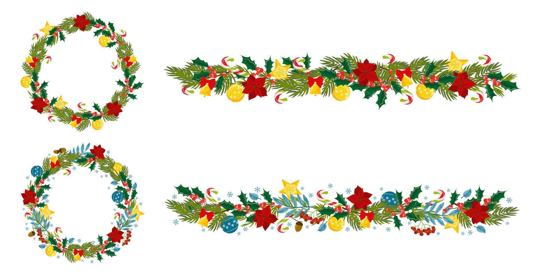 Set of seamless Christmas border and wreath of mistletoe, Christmas star flower, fir tree with bell and Christmas decorations, candy cane. Pattern suitable for posters, banners, cards, invitations vector