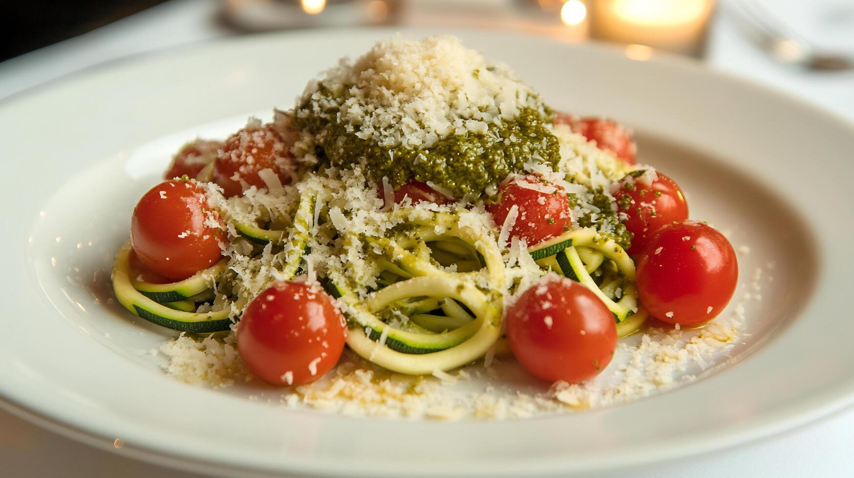 A plate of pasta with tomatoes and cheese photo