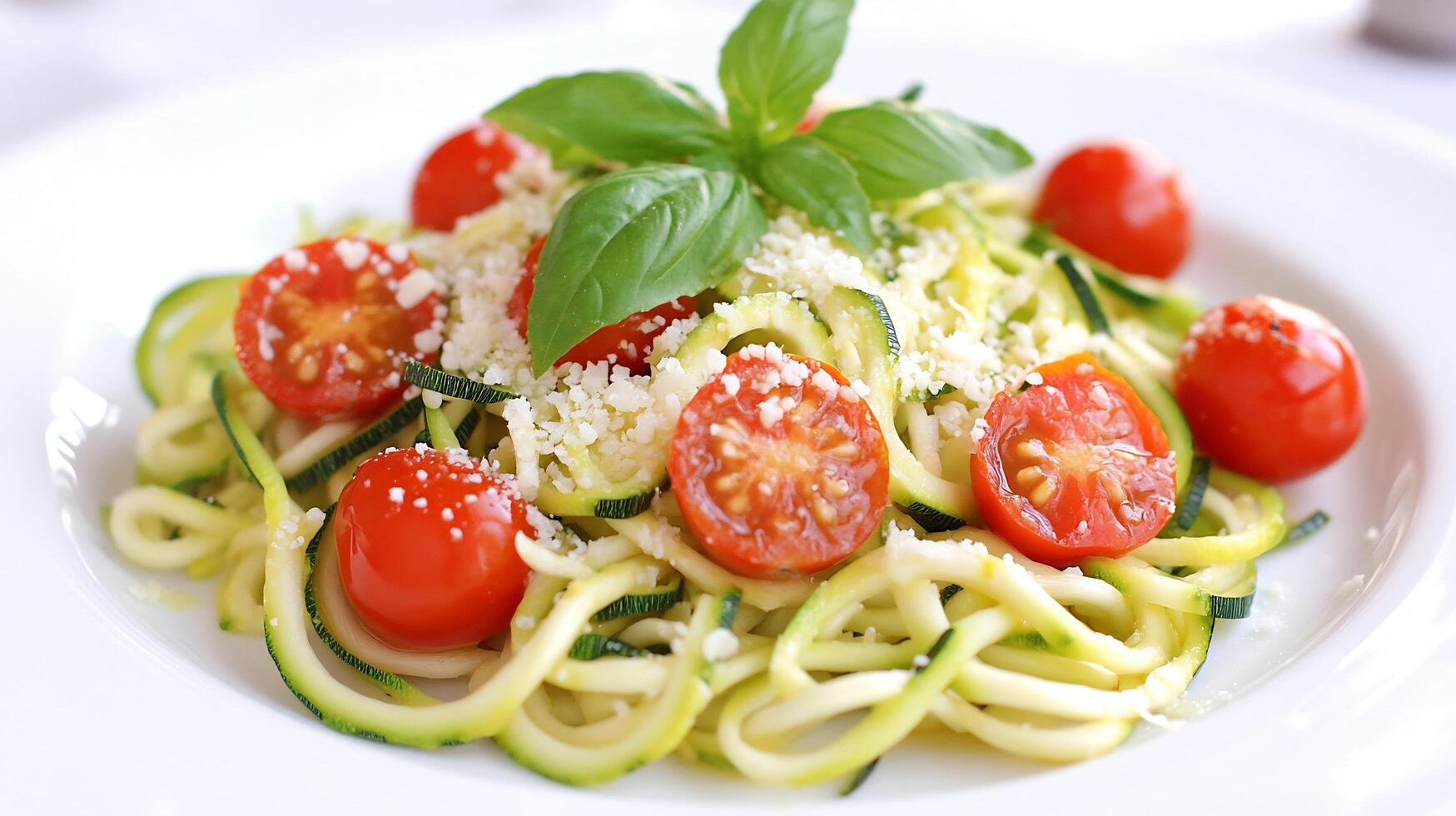 A plate of pasta with tomatoes and zucchini photo